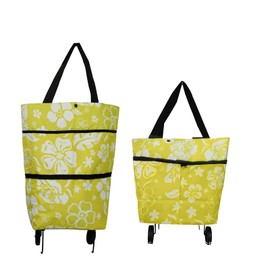 Vikooyes Collapsible Shopping Grocery Bag with Wheels Rolling Tote Bag with Wheels Large Reusable Shopping Bags Foldable Cart(Yellow Green Flower,Large)