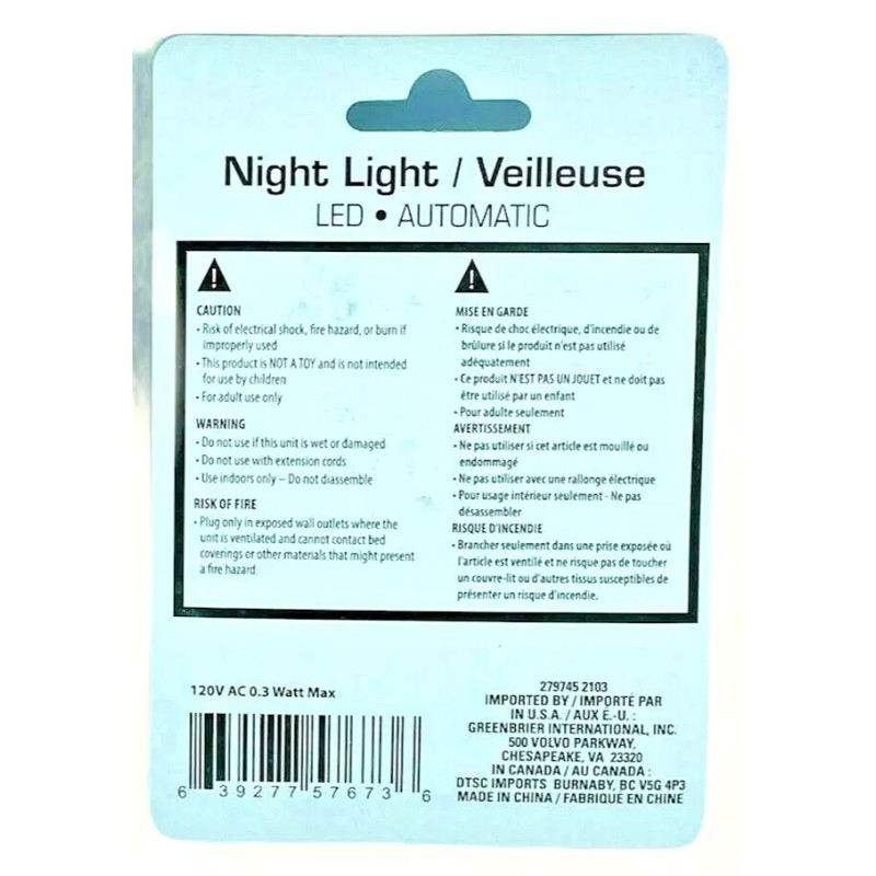 Intertek LED Night Light (500987) Light Sensing, Rotating, 1 Watt.