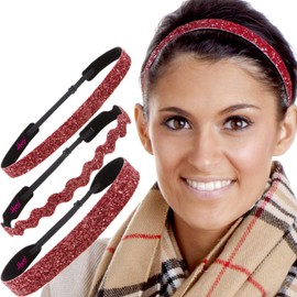 Hipsy PLUS Size, Adjustable No Slip Sparkly Bling Mixed 3pk Headbands for Women Girls & Teens (Bling Glitter Mixed Ruby Red)