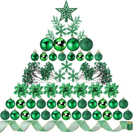 Sratte 94 Pcs Christmas Tree Decorations Set, Christmas Tree Ball Ornaments Glitter Poinsettia Flowers Decorations Glitter Berries Stems for Xmas Holiday Wedding(Green)