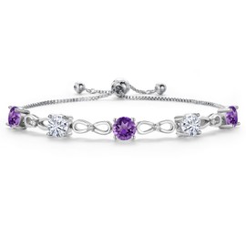 Gem Stone King Purple Amethyst and White Moissanite Tennis Bracelet For Women | 4.66 Cttw | Gemstone February Birthstone | Round 6MM | Fully Adjustable Up to 9 Inch, Metal Gemstone, Amethyst and