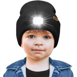 ATNKE Kids LED Lighted Beanie Cap,USB Rechargeable 4 LED Running Headlamp Bright Hat with Light Gifts for Boys and Girls/#Black