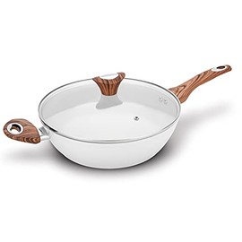 Phantom Chef 11" Deep Frypan 5 Qt Wok | Aluminum Body Non-Stick Ceramic Coating | With Soft Touch Stay Cool Handle | Dishwasher Safe | Non-Toxic PFOA & PTFE Free (Beige)