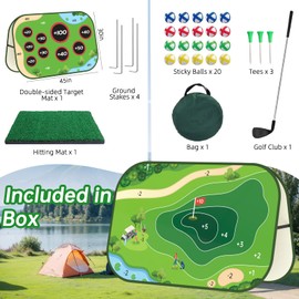 JIIFO Golf Chipping Game Set - Double-Sided Sticky Golf Game with Club,Turf Mat, 20 Sticky Balls & 3 Tees, Portable Yard Golf Game for Indoor Outdoor Golf Practice Mat, for Men & Golf Lovers