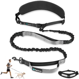 PetAmi Premium Hands Free Dog Leash, Adjustable Waist Belt for Large Dog Walking Up to 125 lbs, Bungee Leash for Pet Running, Hiking, Reflective Safety Leash Belt for Jogging, Biking, Grey Handle