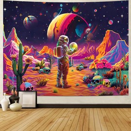 Dermijer Astronaut Tapestry Space Planet Mountains Tapestry Desert Cactus Flower Tapestry Trippy Skull Aesthetic Tapestry Wall Hanging for Home Decor W78.7×H59.1