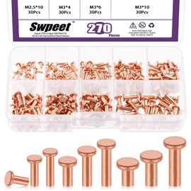 Swpeet 270Pcs M2 M2.5 M3 Flat Head Copper Solid Rivet Metal Fasteners Set, Copper Solid Rivets Rivet Fastener Ideal for Electrical Applications Belts Wallets Collars Leather DIY Craft Supplies