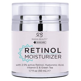 Radha Beauty Moisturizing Miracle Retinol Cream for Face - with 2.5% Retinol, Hyaluronic Acid, Vitamin E and Green Tea. Luxury Night and Day Cream 1.7 fl oz.