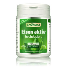 Greenfood Iron active, 30 mg, 180 tablets, high dose, high availability, well tolerated. Good for the formation of red blood cells. No artificial additives. No genetic engineering. Vegan.