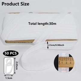 30 m x 2.5 cm Curtain Tape Ruffle Tape with 50 Pieces Curtain Hooks, White Curtain Tape, Ruffle Tape for Sewing, Making Furnishings Such as Curtains Hanging Cloths