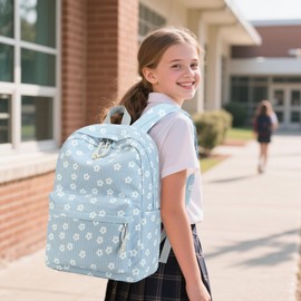 LEDAOU Backpack for Teenagers Girls School Backpack Large Book Bags Primary School High School Cord Lightweight Laptop Bags for Girls Women Casual Travel Daypacks, Corduroy White Flower 95 and Blue, L