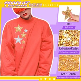 Geosar 60 Pcs Iron on Star Patches Star Shape Rhinestone Appliques Adhesive Glitter Star Patches Rhinestone Appliques Embellishments Patches for DIY (Gold, Silver,Mixed Size)