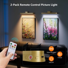 Little Joke Picture Lights for Wall Battery Operated, 2-Pack 16in Magnetic Rechargeable Picture Light with Remote, Dimmable, Timer Painting Light,Art Display Light for Picture Frame Artworking Portrait, Gold