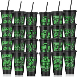 Kochorie 24 Pieces Video Game Plastic Cups 24 Ounces Gaming Party Cups with Lids and Straws Black Green Video Game Tumbler Cups for Birthday Party Video Game Party Supplies Tableware