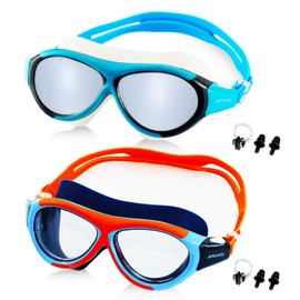 kids Swim Goggles,Swimming Goggles for Age 6-14,For Swimming With Nose Cover, No Leaking, Anti-Fog, Waterproof, 2 Pack (blue-black and orange-blue)