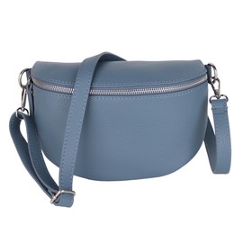 MIRROSI® Women's Bum Bag, Made in Italy, Genuine Leather Shoulder Bag, Chest Bag, Crossbody Bag Made of Genuine Leather, Available in 3 Sizes, Denim Blue (Silver Zipper)