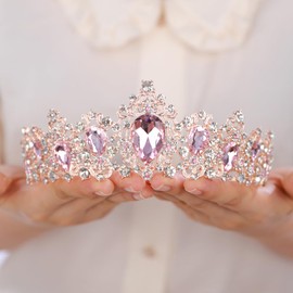 BERYUAN Baroque Queen Pink Crystal Rose Gold Headpiece Rose Gold Princess Wedding Headband Royal Crystal Rhinestone Hair Costume for Women and Girls (rose gold)