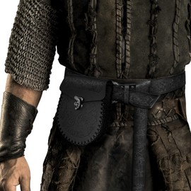 HiiFeuer Viking Fenrir Belt with Embossed Buckle with Nordic Embossed Belt Bag, Vintage Faux Leather Belt and Side Pocket Set for LARP (Black C)