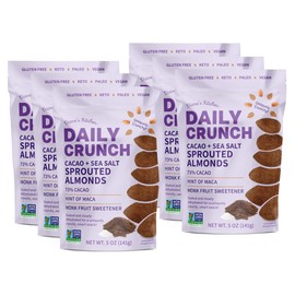 Daily Crunch Sprouted Almonds, Cacao and Sea Salt, Sweetened with Monk Fruit, Hint of Maca, 5 Ounce Multi-Serve Resealable Bags, Pack of 6 - Sprouted and Dehydrated for a Unique Crunch, Keto Friendly, Non-GMO, Oil Free, Vegan, Healthy Snack