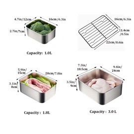 GRFELI Stainless Steel Food Container with Lid, 3-Piece Food Storage Container, Meal Prep Container, Ice Cream Container, Refrigerator Freezer Safe, Dishwasher/Oven Safe (Lid Not Included)