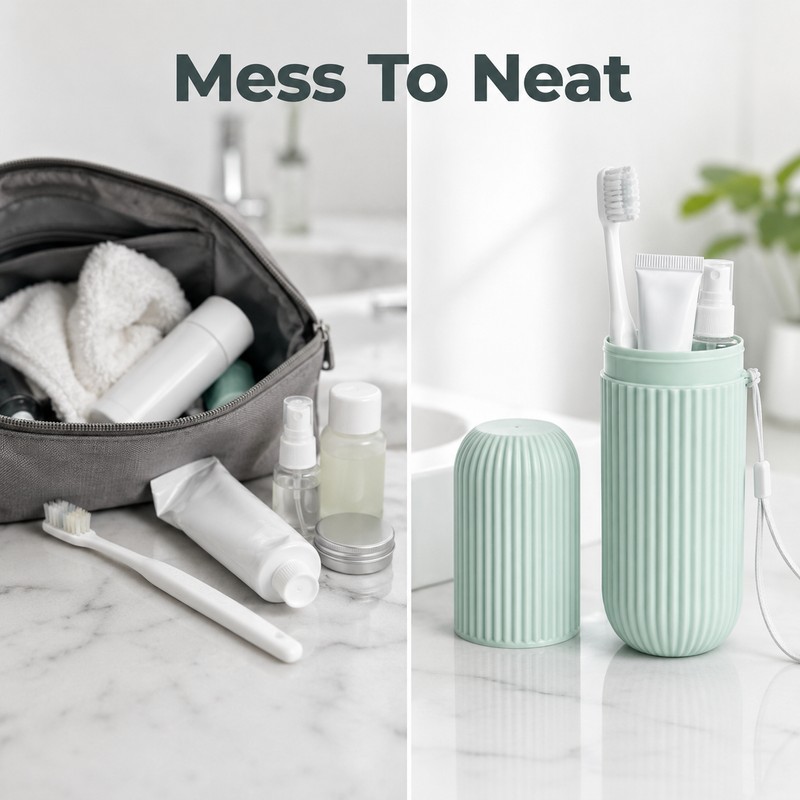 Portable Travel Toothbrush Holder with Cup - Compact Toothpaste Storage
