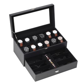 AUTOARK Leather & Velvet 12 Watch Box Jewelry Case and 6 Piece Sunglass Eyeglasses Organizer,2 Layers with 1 Drawer,Lockable,Large Glass Top,Black,MKAW039