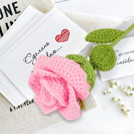 2PCS Artificial Knitted Wool Flowers Crochet Rose Floral Handmade Flower Flocked Fake Plants Wedding Bouquet Bridle Indoor Outdoor Home Kitchen Office Table Christmas Decor (Pink)