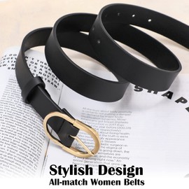 Women's Leather Belts for Jeans Pants Fashion Gold Buckle Ladies Dress Belt Black S