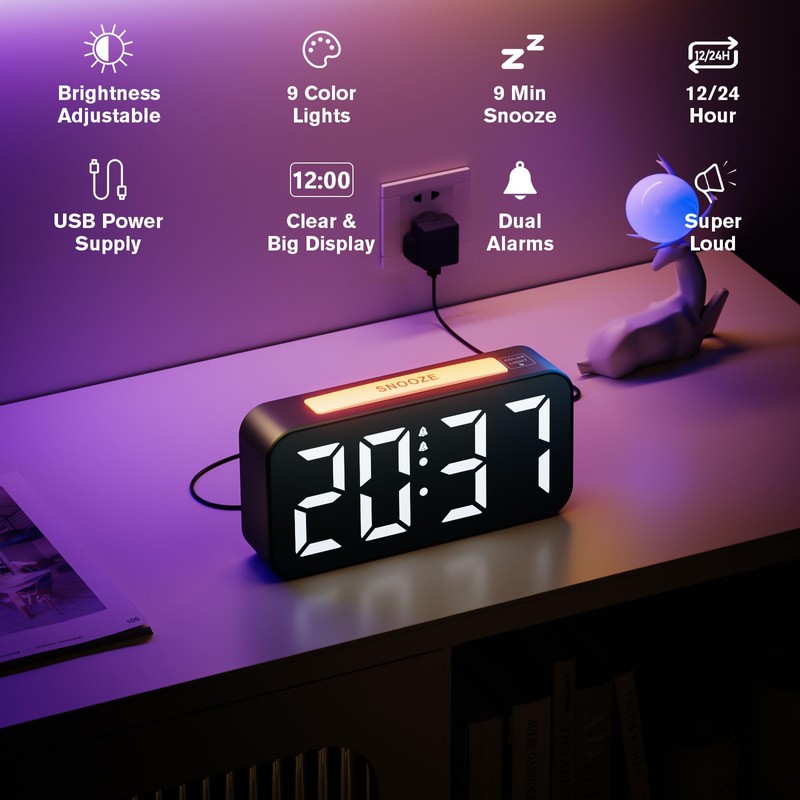 HOMVILLA Alarm Clock with 9 Color LED RGB Night Light,