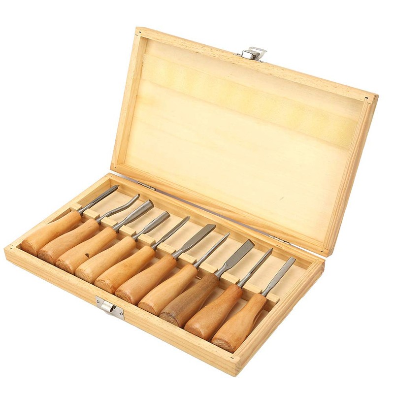 Carving Tools Set, 10Pcs with Wooden Handles in a Wooden
