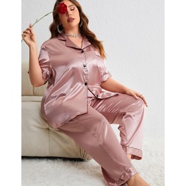 Kissonic Plus Size Satin Silk Pajamas Set for Women Short Sleeve Button Down Pjs Long Pants Birthday Sleepwear(Pink-XL)