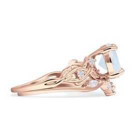 OMRANII Rose Tone Created White Opal Size-7 Two Piece Pear Teardrop Leaf Infinity Twisted Curved Band Bridal Set Vintage Style Wedding Engagement Ring 925 Sterliing Silver