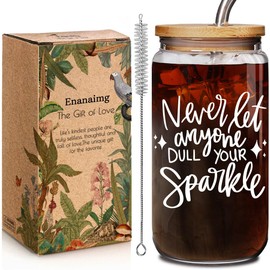 Funny Inspirational Quote 16oz Glass Cup with Lid and Straw Gifts for Teenage Girl Women Makeup Lover- Never Let Anyone Dull Your Sparkle, Encouragement & Motivational Gifts for Women Friend Sister