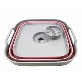 SAMMART 10L Collapsible Plastic Dishpan with Draining Plug - Portable Washing Tub/Basin - Foldable Tub - Space Saving Kitchen Storage (Grey/Pale Pink)