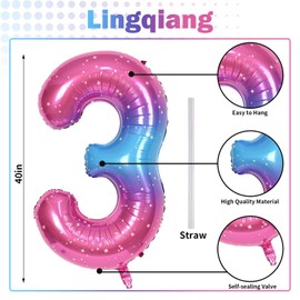 40 Inch Rainbow Large Numbers Balloons 3, Self Inflating Gradient Blue Pink Purple Digit 3 Helium Balloons for 3rd Girls, Starry Foil Mylar Number Balloons 0-9 for Women Birthday Party Decorations