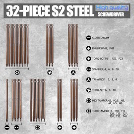1/4" Extra Long Security Bit Set, 32-Piece Screwdriver Bit for Drill, S2 Steel 6” Long Torx Bit Set, Tamper Proof Bit Set, Torx, PoziDriv, Spanner, Tri-Wing, with Storage Case