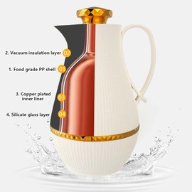 Insulated Thermal Coffee Carafe, 33 oz, Luxury Arabic-Style Insulated Thermos Flask,Coffee Tea Pot,with Spout and Glass Liner for Hot Cold Water,Housewarming Ornaments (White)