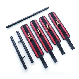 Heavy Duty Stainless Steel Expandable Black Spreader Bar with 4pcs Red Embossed PU Adjustable Straps,Sports Aid Fitness Gear, Pilates Aid kit, Exercise Guide