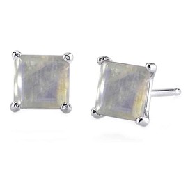 New Year's Gift mom gift studs hoop earrings jewelry set unique gift Natural Rainbow Moonstone Silver Multi-Color Earrings Princess Cut 4-Prong Basket Set, Post with friction back, Birthstone