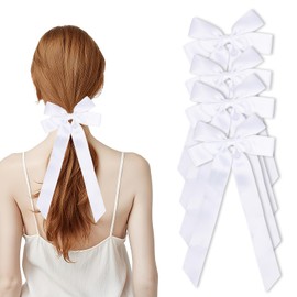 4pcs White Bows for Hair, Hair Bows for Girls Women Barrettes Ponytail Fixing, Girl White Ribbon Bow Clips for Teens, Silky Cute Coquette Barrettes Hair Accessories Ribbon for Women with Long Tail