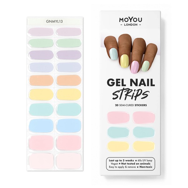 MoYou London Semi-cured Gel Nail Strips, Nail File and Wooden Cuticle Stick - 20 Pieces Gel Wraps for Nails - Salon Quality Manicure Set & Pedicure Accessories, Mix Pastel