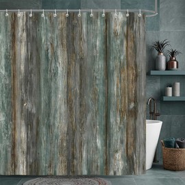 Moonslim Rustic Wooden Board Teal Shower Curtain, Farmhouse Vintage Wood Plank Barn Door Shower Curtain Set Fabric Bathroom Decor Waterproof Cloth with Hooks, 72x72 Inch