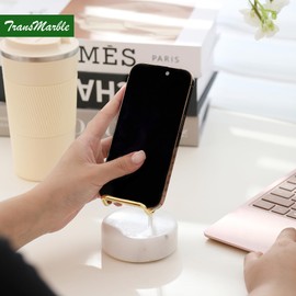 TransMarble Marble Phone Stand with Metal Holder, Charging Available While Using, Swipe Up to Unlock, Made of Natural Marble as Business Card Holder for Office Desk (Starry White + Gold)