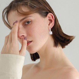 BriLove Square Cut Drop Stone Earrings, Cubic Zirconia Birthstone Huggie Hoop Dangle Earrings for Women Hypoallergenic Jewellry Gift Valentines Day Clear Silver-Tone