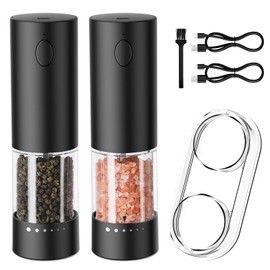 Electric Salt and Pepper Grinder Set – USB Rechargeable Automatic Grinder Set with LED Light, 6 Adjustable Coarseness Levels, Large Capacity, 2-Pack Electric Salt and Pepper Shakers