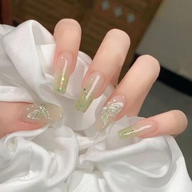 Press on Square Nails Medium Length Glossy Full Cover Acrylic Green False Nails with Butterfly Designs Artificial Square Shaped Fake Nails with Charms Glue ons Nails Stick on Fingernails for Women