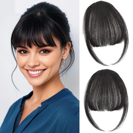 Cesomeey Clip in Bangs 100% Real Human Hair, Wispy Bangs Hair Clip, Fake Bang Fringe with Temples Hairpieces for Women Daily Wear (Black, Wispy Bangs)