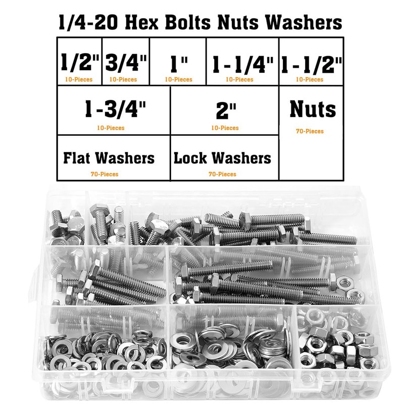 280PCs 1/4-20 Hex Bolts Screws Hex Nuts Flat Washers Lock