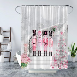 Pink Christmas Shower Curtain Solider Xmas Tree and Xmas Ball Gifts Box on Grey Background Winter Holiday Snowflake Festival Fabric Bath Curtain with Hook