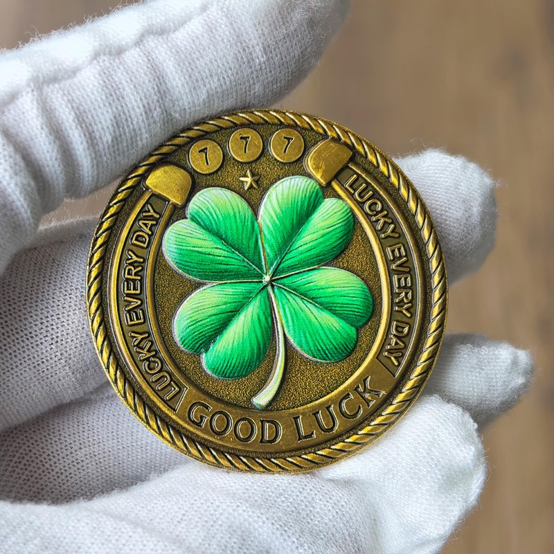 Good Luck Coin with Four Leaf Clover & Elephant Design
